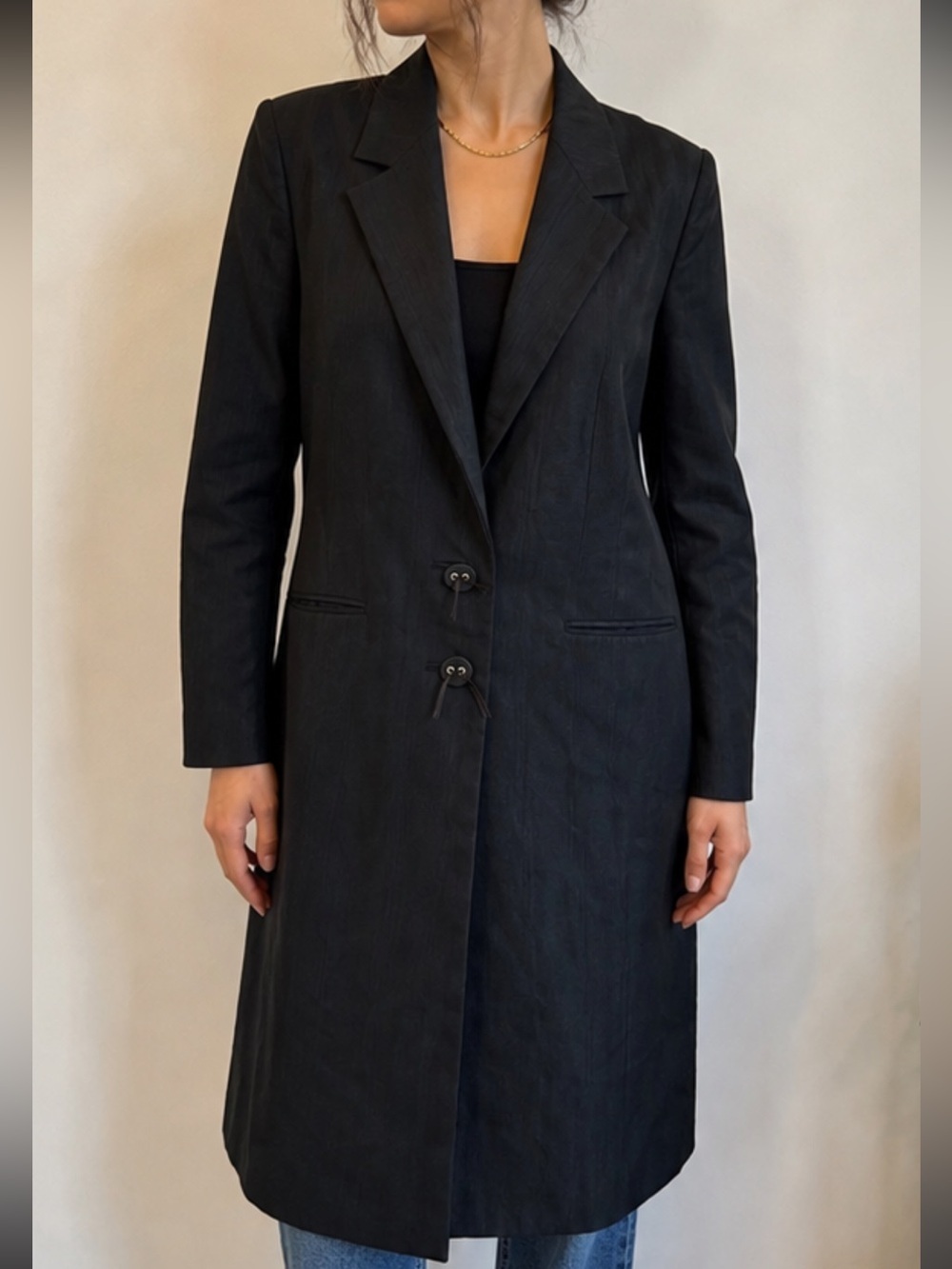 Lanvin Été 2004 Blk Textured Long Blazer Coat Ribbon Button Minimalist Designer